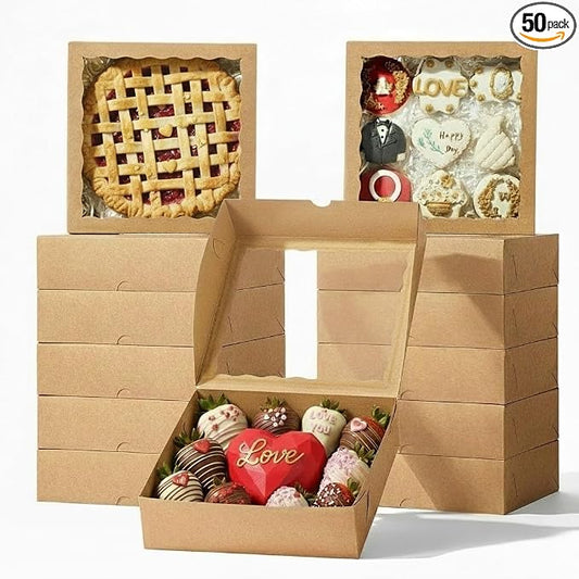 50PCS 9x9x2.5 Inches Brown Bakery Boxes with Window, Pastry Box for Chocolate Strawberries, Macarons, Truffles, Perfect for Thanksgiving Day, Mother's Day, Christmas Party Favors & Holiday