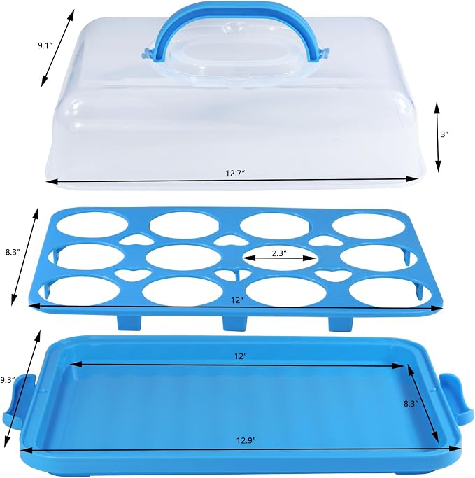 Cake Carrier with Lid, Cake Holder Cupcake Container for 12 Cupcakes 2 in 1 Portable Dessert Container for Pie Muffin Cobbler (Blue)