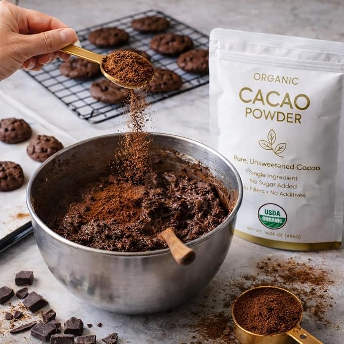 Tozzy Organic Unsweetened Cacao Powder, 1 lb (454 g) – Pure Single Ingredient, No Sugar Added, Rich Dark Chocolate Flavor for Baking, Smoothies & Hot Drinks
