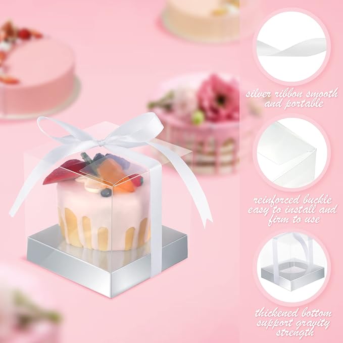 Thenshop 50 Pcs Clear Cupcake Boxes Individual 3.5 Inch Plastic Single Cupcake Containers Boxes with Inserts and Ribbon Individual Cake Storage Holders for Cake Kitchen(Silver)