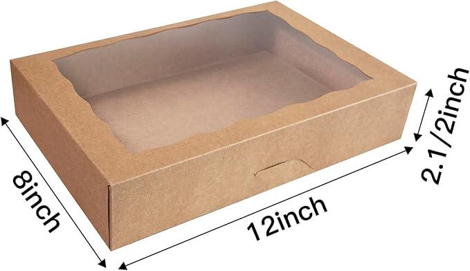 8-Pack Brown Pastry Box12x8x2.5inch,Large Bakery Cookie Box for Donuts,Muffins with Window Lid - Auto-Pop up Paper Box Doughnut Cardboard Chocolate Strawberries Treat Boxes,Pack of 8