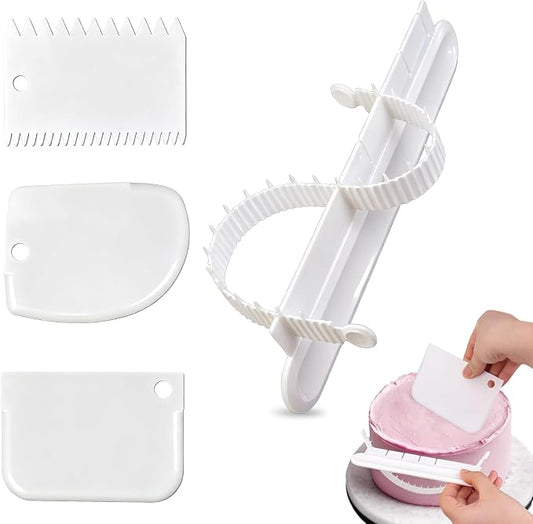 4Pcs Cake Decorating Tools Set, 1 Cake Arch Guide Tool & 3 Cake Scraper Smoother, Adjustable Arc Divider, Fondant Icing Smoothing Tools for DIY Cakes, Bread and Desserts