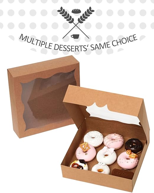 qiqee Auto-pop Up Brown Pie Boxes with Window 12x12x3 Inch 24Packs Cookie Donut Bakery Box