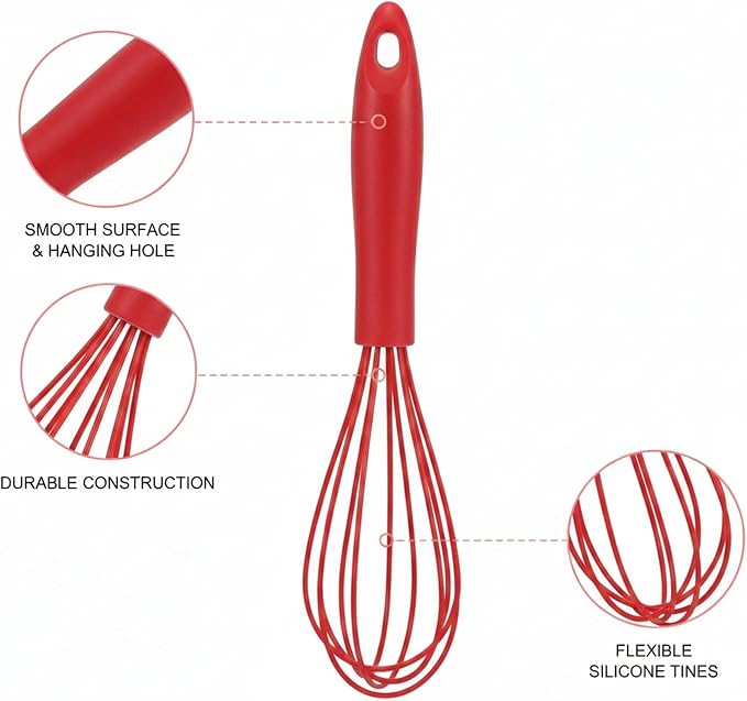 Curved Silicone Whisk, 10.2-Inch Flexible Mixing Tool for Batters and Eggs, Red