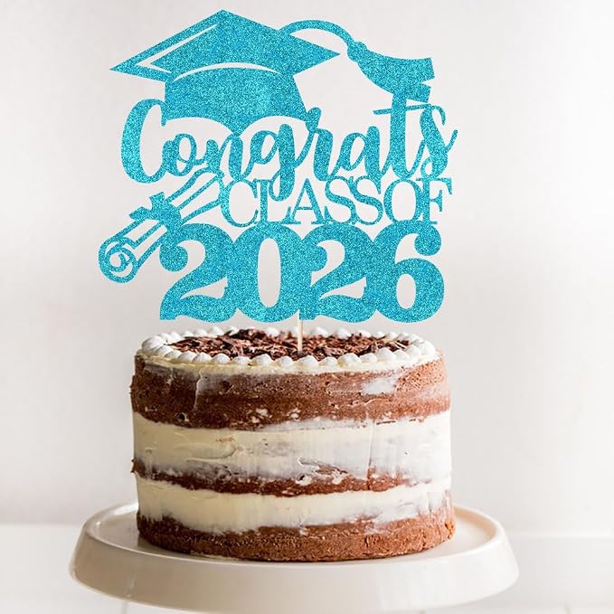 Congrats Class Of 2026 Cake Topper, Glitter Graduation Party Supplies - High School College Graduates -College Graduate Cake Topper Decorations Supplies (blue)