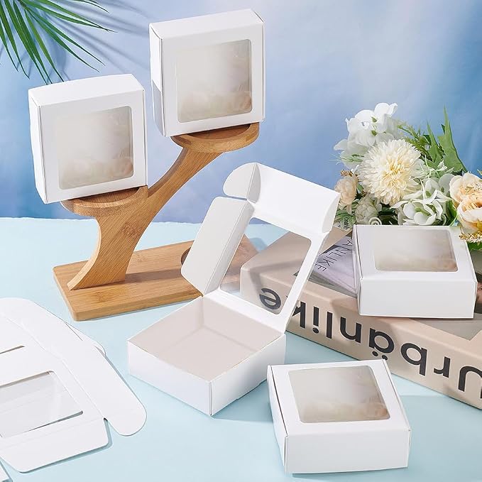 BENECREAT 20 Pack White Kraft Paper Boxes with Clear Window 3.6x3.6x1.4 Gift Packaging Boxes for Bakery Cookies Cake Candy Wedding Party, Christmas Festival Gift Packaging