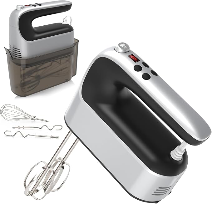Yomelo 9-Speed Digital Hand Mixer Electric, 400W Powerful DC Motor, Hand Mixer Electric Handheld with Snap-On Storage Case, 5 Stainless Steel Accessories, Beaters, Dough Hooks, Whisk(Silvery Black)