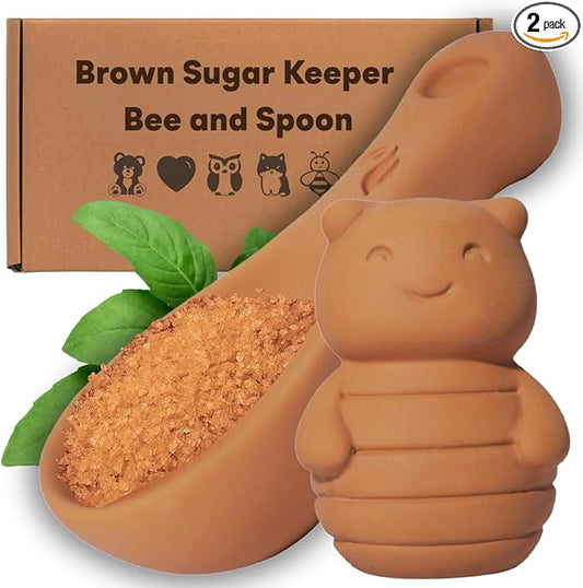 Sifri 3D Brown Sugar Keeper 2-in-1 Set – Terracotta Clay Bee & Spoon Saver Softener – Cute Kitchen Storage & Freshness Holder for Sugar – Gift for Bakers (1, Bee and Spoon)