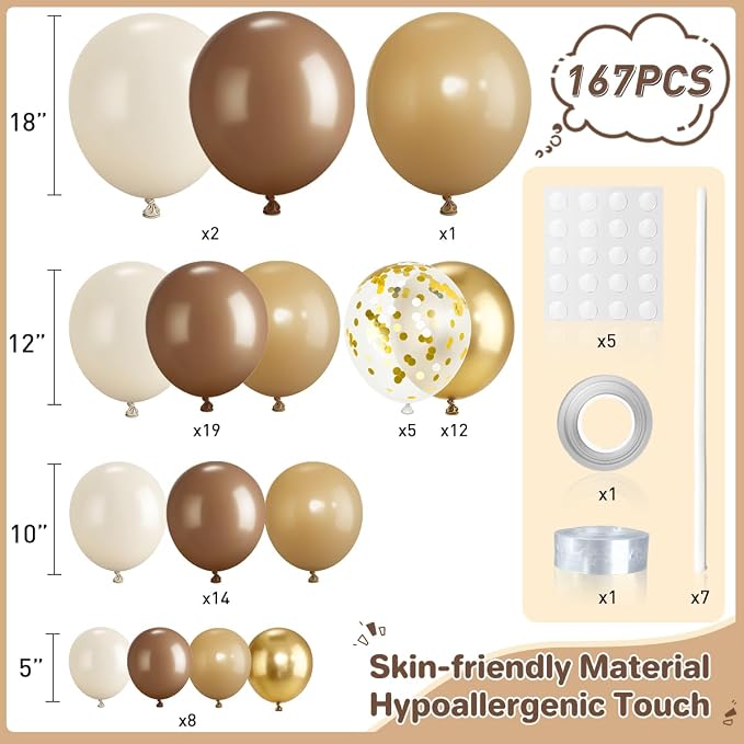 Brown Balloon Garland Arch Kit, 167Pcs Latex Balloons Different Sizes Dark Brown Camel Sand White Metallic Gold for Neutral Bear Baby Shower Safari Birthday Party Decorations