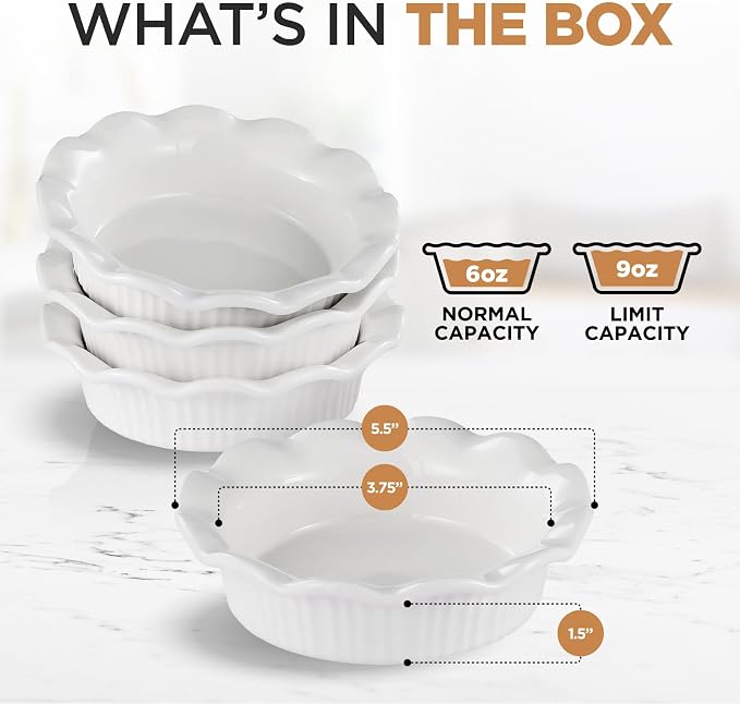 Aunt Shannon's Kitchen White Ceramic Mini Pie Pans - Set of 4 - Small 5.5 Inch Pie Pans with Classic Fluted Rims - Individual Apple Pie, Quiche, Puddings,Tart, Oven and Microwave Safe, White