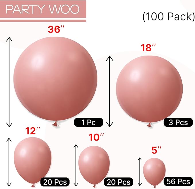 PartyWoo Dusty Pink Balloons 100pcs Different Sizes of 36 18 12 10 5 Inch Blush Pink Dusty Rose Boho Netural Balloon Arch Kit Garland for Baby Shower Princess Girl Birthday Party Decorations Pink-F01