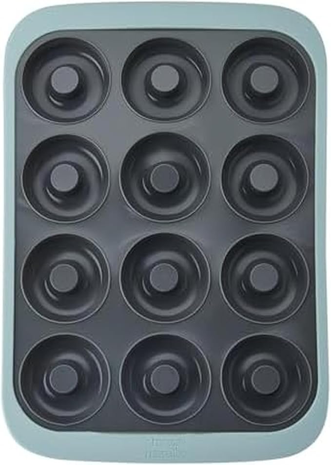 Chicago Metallic Silicone Donut Pan, 12 Cup Blue Nonstick Baking Pan for Donuts, Bagels and More, Wire-Reinforced Rim, Oven Safe to 428F, 14.6 x 10 x 1.4 Inches