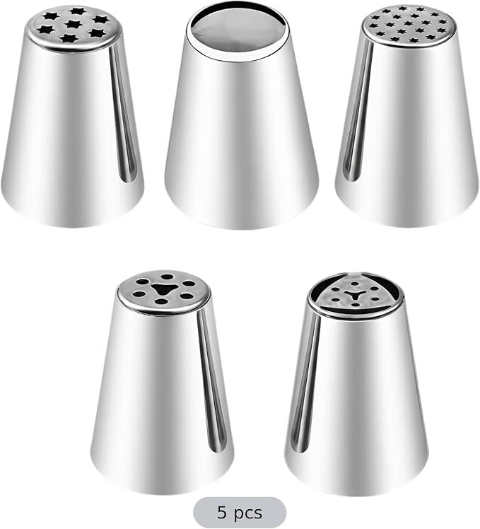 5 Pcs Russian Piping Tips Set, Extra Large Icing Nozzles for Cake Decorating, Rose Floral Design for Cakes, Cupcakes, Birthday Parties, Wedding, Stainless Steel