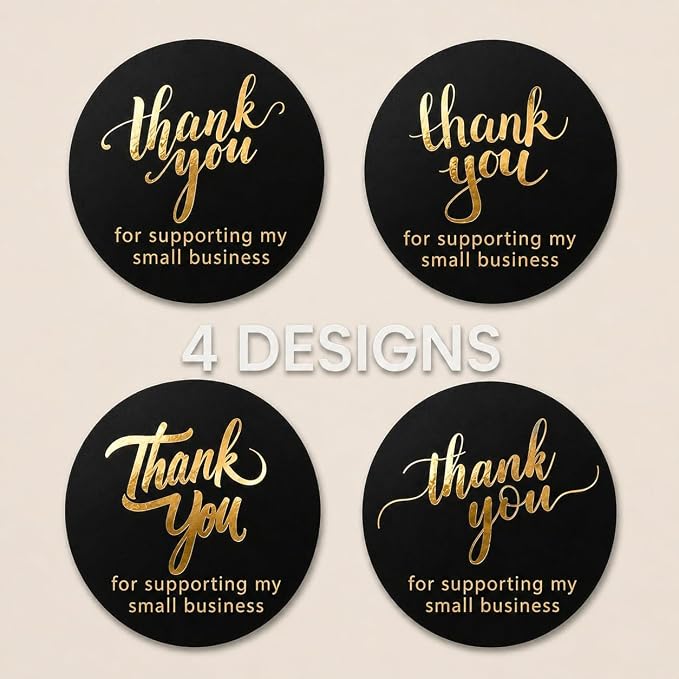 500 Thank You for Supporting My Small Business Stickers – 1.5 Inch Black and Gold Foil Round Labels – 4 Fonts – Waterproof Self-Adhesive Seals for Packaging, Envelopes, Boxes, Orders & Gift Bags