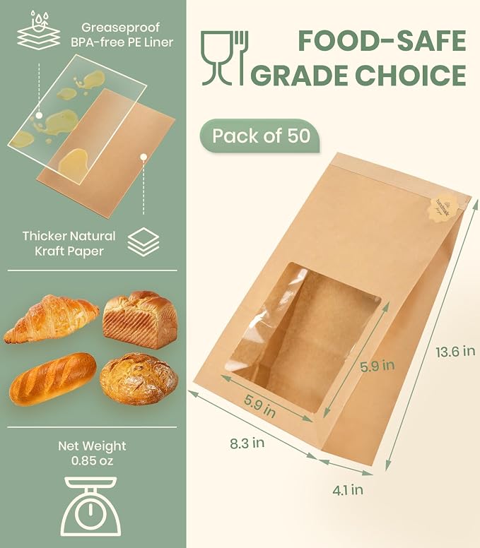 100 Pack Large Thick Brown Kraft Paper Boule Bread Bags for Homemade Sourdough Round Artisan Loaf Gifting, Packaging and Storage to Keep Fresh with Window and Wire Tin Tie Tab Closure, 13.6x8.3x4.1in