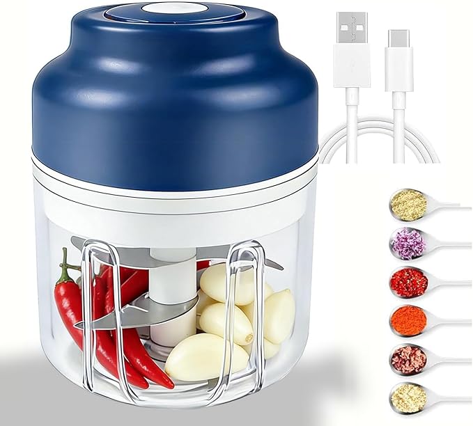 Wireless Electric Garlic Chopper, 10.8oz Mini Chopper Cup with 6 Blades | USB charging keeps meal prep easy, ideal for mincing chopped garlic, onion pieces, chili and herbs in small kitchens.