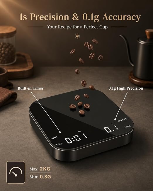 Coffee Scale with Timer, 0.1g Precision Mini Espresso Scale | USB-C Rechargeable Digital Kitchen Gram Meter, 6 Units, Fits Drip Tray, for Pour Over, Barista, Matcha (Black, 0.3-2000g)