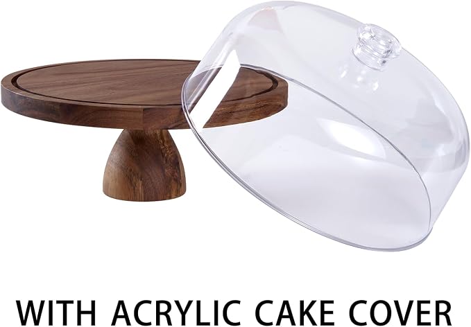 LiTY Cake Stand with Lid, Multi-Functional 12in Round Cake Holder, Acacia Wood 2-in-1 Dessert Table Display Set, Charcuterie Board for Cheese ,Fruit Platter, Large Acrylic Cake Dome Cover