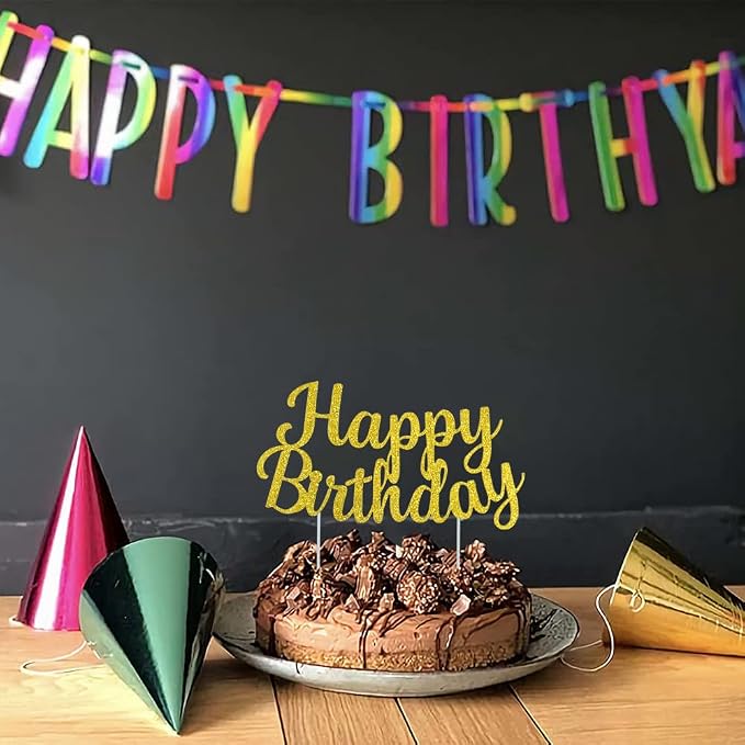 BEISHIDA Gold happy birthday Cake Topper, Happy Birthday Cake Bunting Decor,Birthday Party Decoration Supplies，Photo Booth Props
