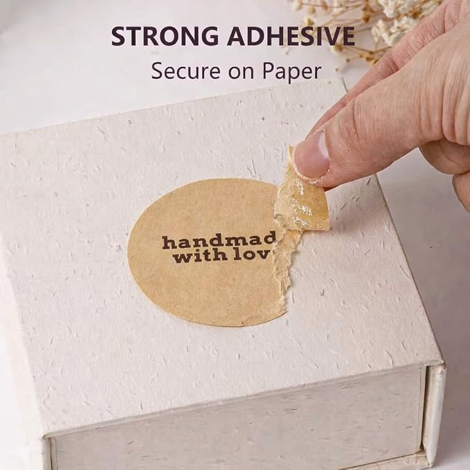 Handmade with Love Stickers, 2 Inch Round Kraft Paper Packaging Seals, 100 Count, Strong Adhesive Labels for Small Business, Gifts, Envelopes and Bakery Packaging