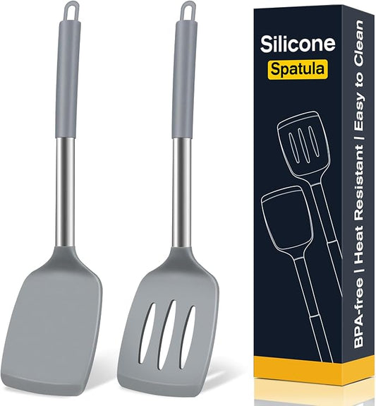 2 Pack Silicone Spatula Set, Solid & Slotted Turner for Non-Stick Pans, High Heat Resistant Silicone Spatula for Cooking, BPA-Free Stainless Steel Cooking Utensils for Fish, Eggs, Pancakes, Gray