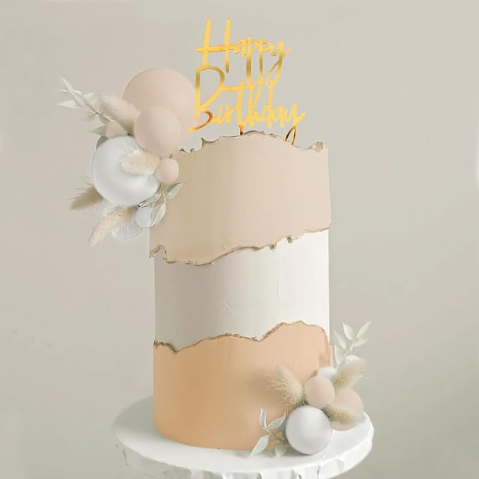 Khaki Balls Cake Topper Boho Grass Cake topper Khaki White Gold Pearl Balls Happy Birthday Cake Decorations for Wedding Birthday Boho Themed Supplies (Khaki)