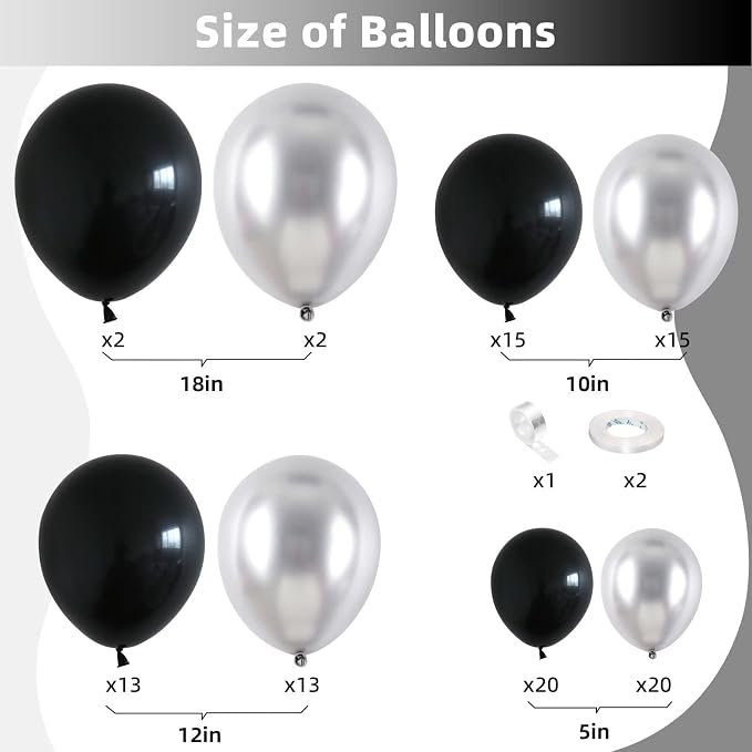 Black and Silver Balloon Garland Kit, Metallic Silver and Black Balloon Arch Kit, 100Pcs Chrome Silver Latex Black Balloons Different Sizes for Wedding Bridal Shower Birthday Graduation Party Supplies