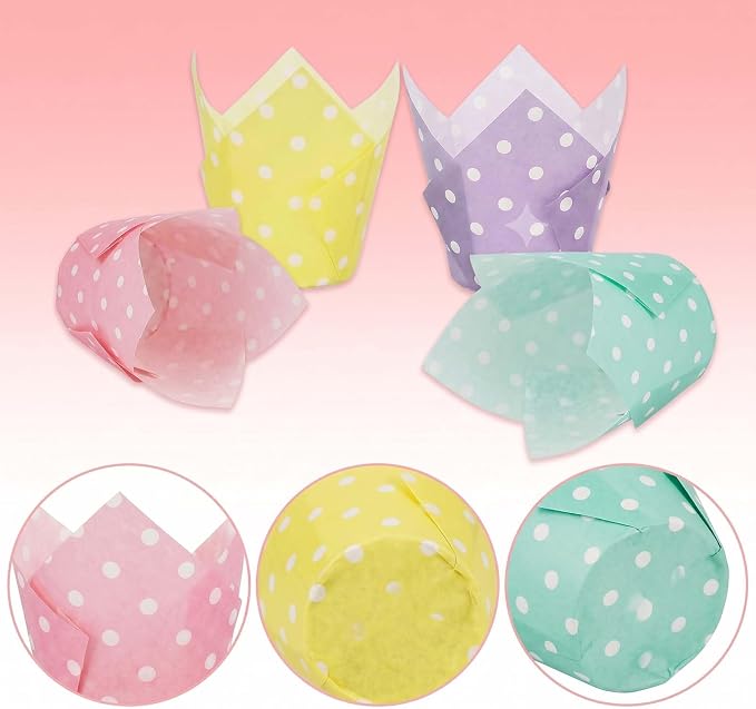 200 Pcs Pastel Tulip Cupcake Liners for Baking, Color with Polka Dot | Standard Greaseproof Tulip Muffin Liners for Baking, 3oz Paper Cupcake Wrappers for Party Wedding Birthday