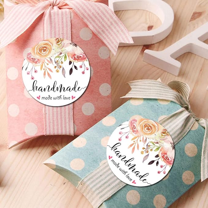 Floral Handmade with Love Stickers, 1.6 Inch Small Round Circle Adhesive Labels for Small Business, Gift Packaging, Envelopes, Baked Goods, Craft Tags, Wedding Favors 120Pcs(Handmade)
