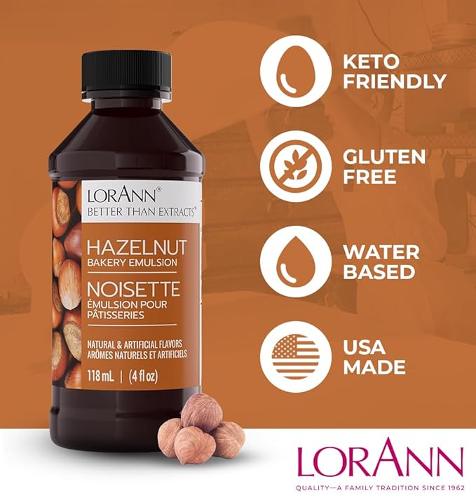 LorAnn Oils Hazelnut Bakery Emulsion: True Essence, Ideal for Boosting Fruit Tones in Cakes, Cookies & Desserts, Gluten-Free, Keto-Friendly, Extract Substitute Essential for Your Kitchen, 4 Oz