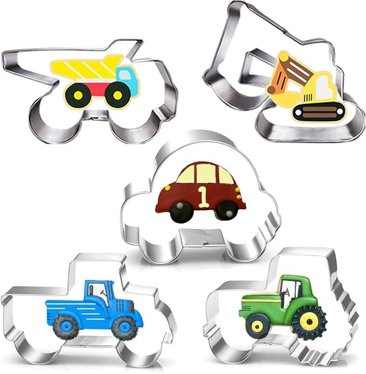 LUBTOSMN Construction Vehicles Cookie Cutters Set-5 Piece-Truck, Dump, Tractor, Car and Digger-Biscui Cookie Cutters Molds for Kids Party