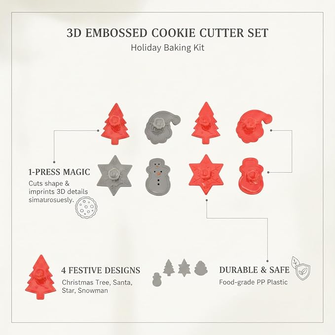 Essential Baking Tool: 3D Embossed Cookie Cutter Set, 4-Piece PP Plastic Cut and Stamp Tool Kit