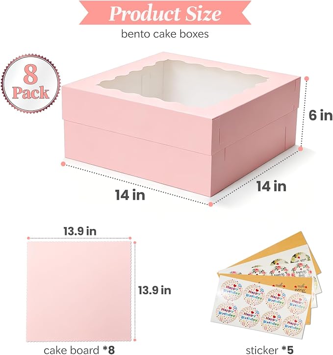 COTOPHER 14x14x6 In Sheet Cake Boxes, 16 Pcs Pink Bakery Boxes with Large Window (8 Boxes & 8 Boards), Cake Containers for Quarter Cakes, Donuts, Cupcakes, Brownie, Pastry & Pies Packaging