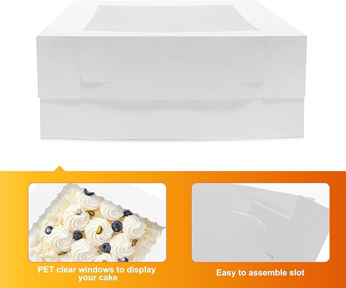 Wowxyz 14x10x4 Cake Boxes 6pcs Rectangle Quarter Sheet 1/4 Sheet Bakery Boxes with Window - Donuts, Pastry Baking Cake, Pie White Cardboard Treat Packaging