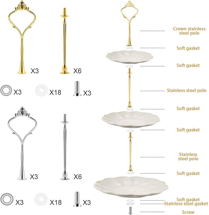 BetterJonny 6 Sets 3 Tier Cake Plate Stand Handle, Cake Stand Hardware Handle Fittings Holder for Wedding and Party Making Dessert Platter Stand