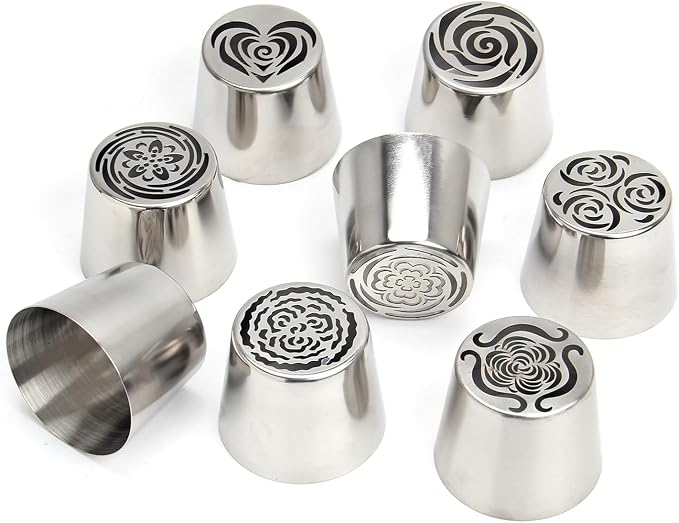 26-Piece Extra Large Russian Piping Nozzles Set Stainless Steel Rose Tulip Piping Tips, 8 Nozzles 2 Brushes 10 Piping Bags 1 Spatula 5 Scraper Cake Decorating Baking Tools (XXL, 22Piece)