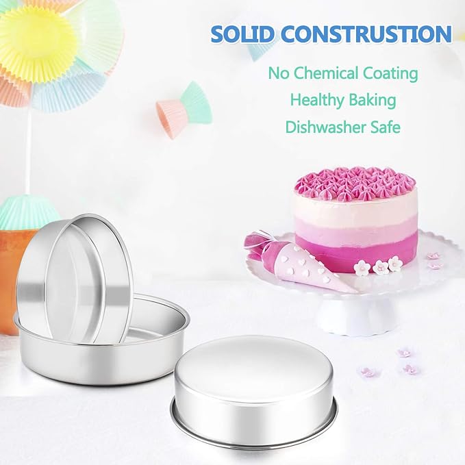 E-far 6 Inch Cake Pan Set of 2, Stainless Steel Round Smash Cake Baking Pans, Non-Toxic & Healthy, Mirror Finish & Dishwasher Safe