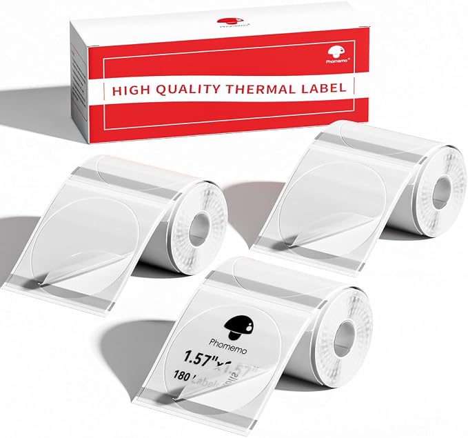 Phomemo Labels- 3 Rolls Clear Circle Label- M110/M220/M221/M120/M200 Transparent Thermal Paper 1.57"x1.57"(40x40mm)- Round Sticker Label for Logo/Barcode/Stickers/Address Labels