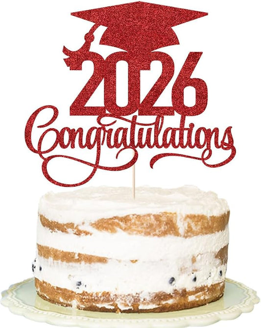 Glitter 2026 Congratulations Graduation Cake Topper,Congrats Grad Cake Decor - 2026 High School/College/Senior Graduation Party Decorations Supplies (2026 Congratulations red)