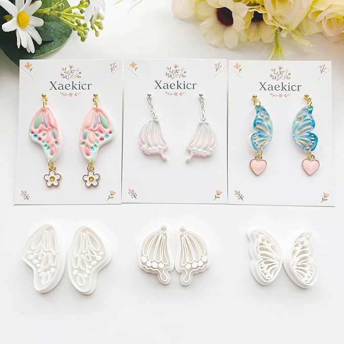 Xaekicr 12 Pairs Butterfly Wing Polymer Clay Cutters - Detailed Texture Jewelry Making Tools for Earrings & DIY Crafts, Soft Clay Shaping Molds