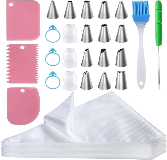 firstake Piping Bags and Tips Set, 100pcs 12 Inch Icing Bags with 14 Tips | Leak-Proof, Food Grade, Disposable, Easy Cleanup for Icing, Frosting, Royal Icing, Cake Decorating, Cookies & Candy Pastry
