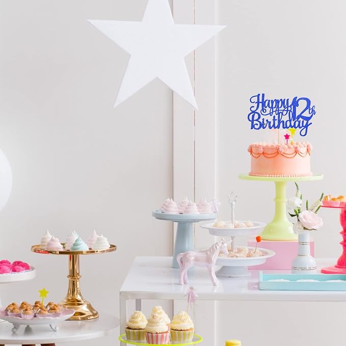 1 PCS Happy 12th Birthday Cake Topper Glitter Cheers to 12 Years Birthday Cake Pick 12 Fabulous Cake Decoration for Happy 13th Birthday Theme Party Decorations Supplies Blue
