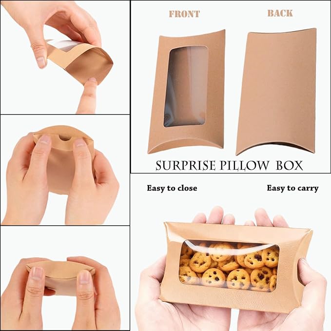 ZAJINJABD 100 Pcs Kraft Pillow Gift Boxes with Clear Windows, Sturdy Mini Folding Treat Boxes for Candy, Bakery, Chocolate, Jewelry, Wedding Party Favors