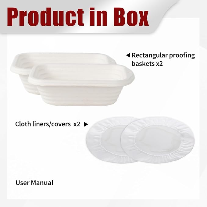 2-Pack Rectangular Bread Proofing Basket Set, 8 Inch Pulp Banneton with Liner, Sourdough Bread Baking Supplies for Professional & Home Bakers