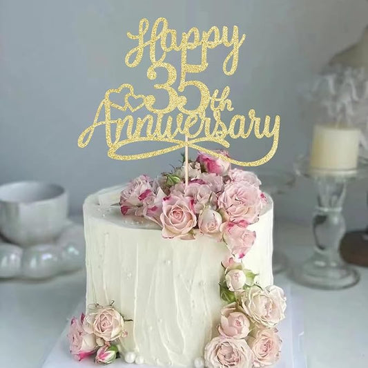 Sleyberoy Glitter Happy 35th Anniversary Cake Toppers - Wedding & Party Decorations for 35th Anniversary, Company Celebration, or Birthday
