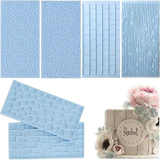JOERSH 6 Pack Fondant Texture Mats Wood Grain Brick Castle Wall Cobblestone Texture Design Mold Fondant Molds for Clay, Chocolate, Fondant Cake Embossed Impression Sheets