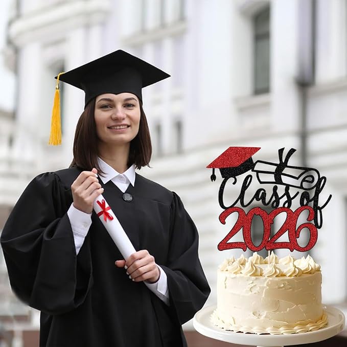 Gold Class of 2026 Congrats Grad Cake Topper Glitter Graduation Party Supplies - High School College Graduates -College Graduate Cake Topper Decorations (Class of 2026 Black red)