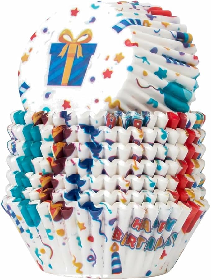 200 Paper Cupcake Liners, Muffin Liners or Baking Cups for Desserts, Muffins, Cupcakes and More Treats; Grease Proof, No Smell, Food Grade, Nut Serving Containers (Birthday)