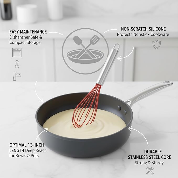 Mix Batters and Sauces with This 13-Inch Silicone Whisk Featuring Coated Wires