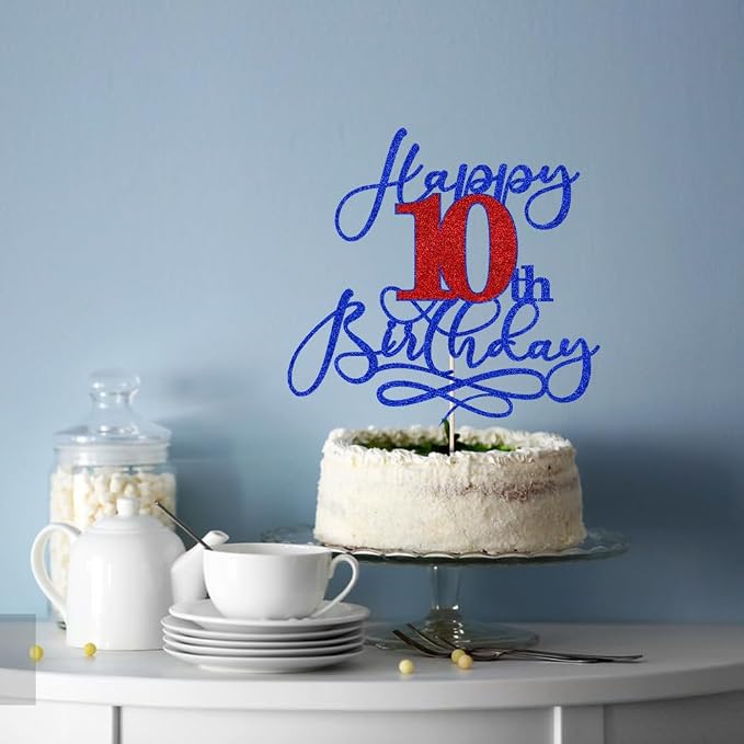 Happy 10th Birthday Cake Topper,Deep blue font red Numbers 10th Birthday Cake Decoration,Hello 10, Cheers to 10 Years/10th Anniversary,10& Fabulous Party Decoration